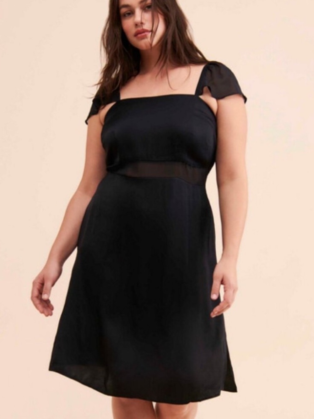 Anthropologie Sheer Flutter Sleeve Dress Silky Satin Black Women’s Size 16
